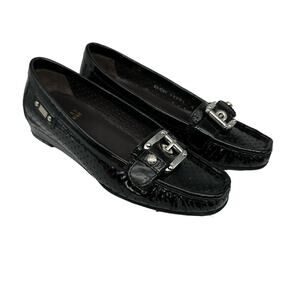 Stuart Weitzman Black Patent Leather Loafers Flats Front Buckle Womens Size 4M